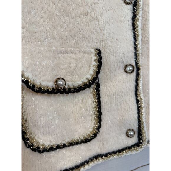 PLM Womens Jacket Sz LCream Fuzzy Gold Black Trim Pearl Holiday Party Festive - Picture 5 of 7